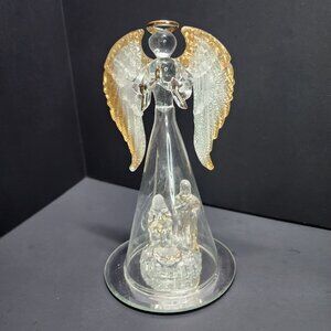 Vintage Glass Clear Angel Covering Manger Scene Figurine w/ Gold Accent